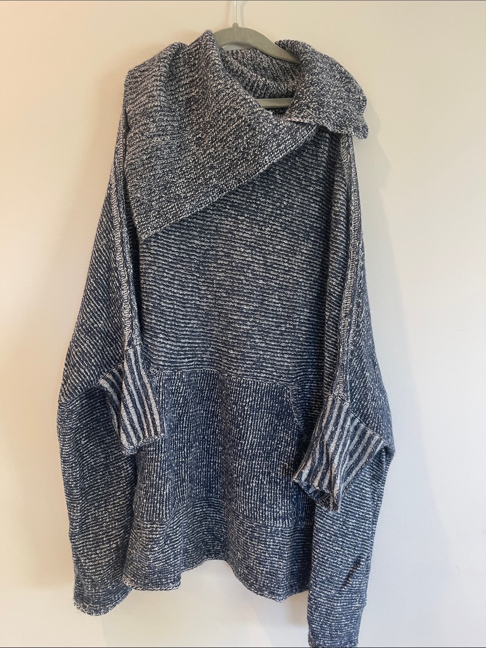 INTERMIX Navy and White Marled Cowl-Neck Tunic Sweater